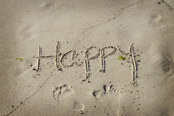 The word "happy" written on beach sand — Stock Photo, Image