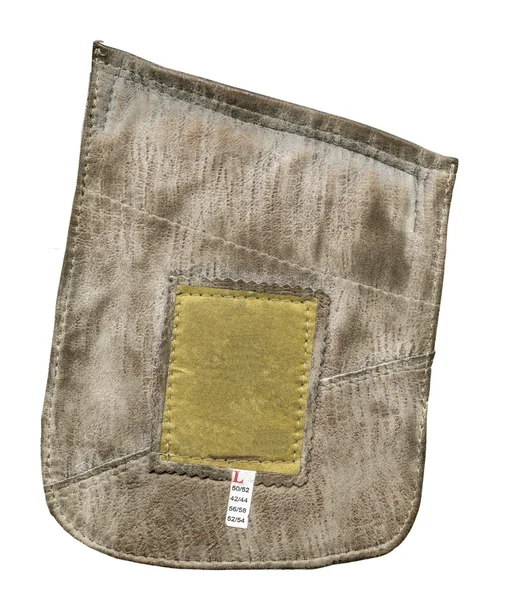 Bolsillo marrón de chaqueta de cuero con etiqueta en blanco — Foto de Stock