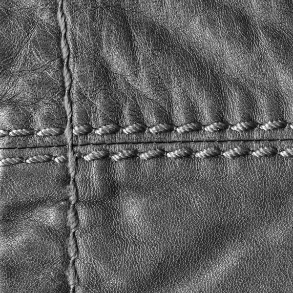 Fond cuir noir, coutures, points de suture — Photo