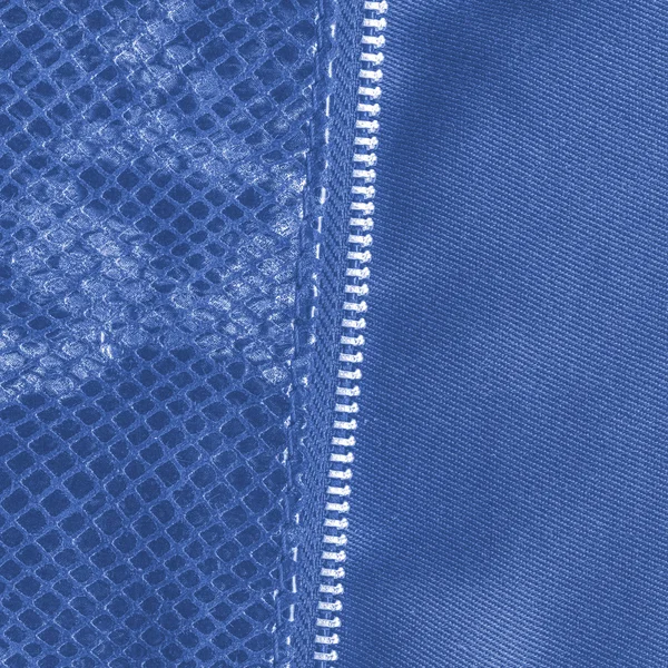 Azul artificial pele de cobra textura closeup, zíper — Fotografia de Stock