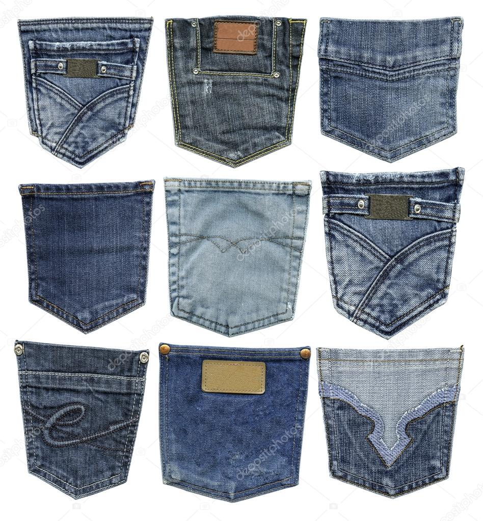 Set of blue jeans back pockets isolated 