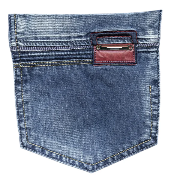 Bolso traseiro de jeans azul, etiqueta de couro — Fotografia de Stock