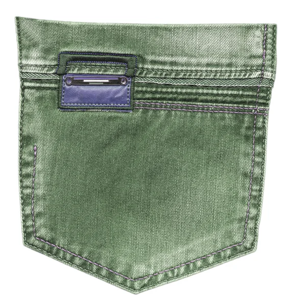 Jeans verde bolso traseiro, etiqueta de couro — Fotografia de Stock