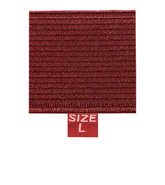 Étiquette textile rouge sur fond blanc, taille — Photo