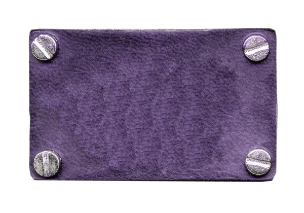 Blank violet leather label decorated with buttons — Stock Photo, Image