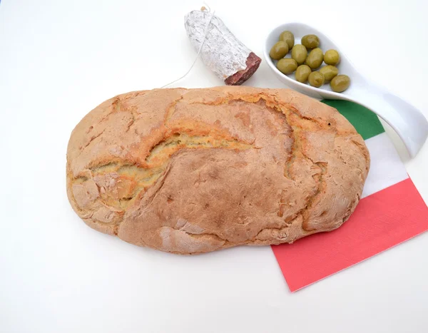 Bread with olives and salami — Stock Photo, Image