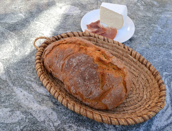 Crusty bread with cheese and ham — Stock Photo, Image