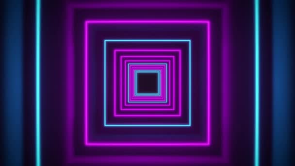 Абстрактний неоновий фон, політ вперед через коридор, з'являються сяючі рожево-блакитні лінії, ультрафіолетовий спектр — стокове відео