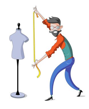 Sakallı terzi elinde mezura tutuyor. Doğru boyutu seçiyor..