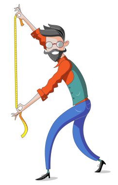 Sakallı terzi elinde mezura tutuyor. Doğru boyutu seçiyor..