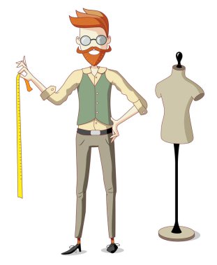 Sakallı terzi elinde mezura tutuyor. Doğru boyutu seçiyor..