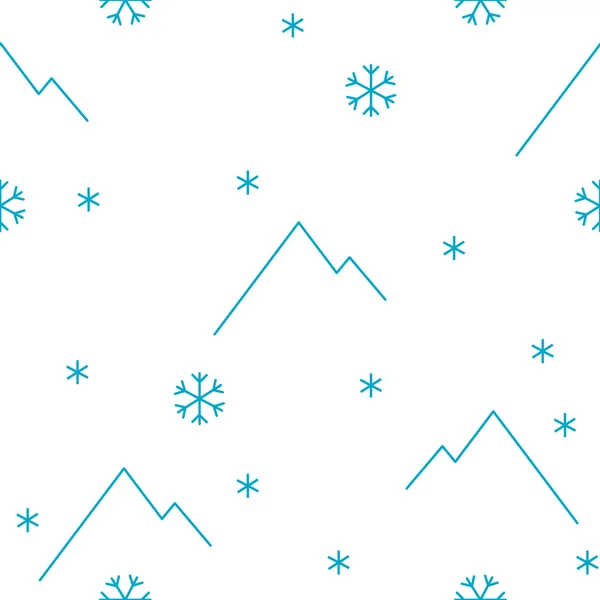 Patrón sin costura vectorial invierno, montañas y copos de nieve — Vector de stock