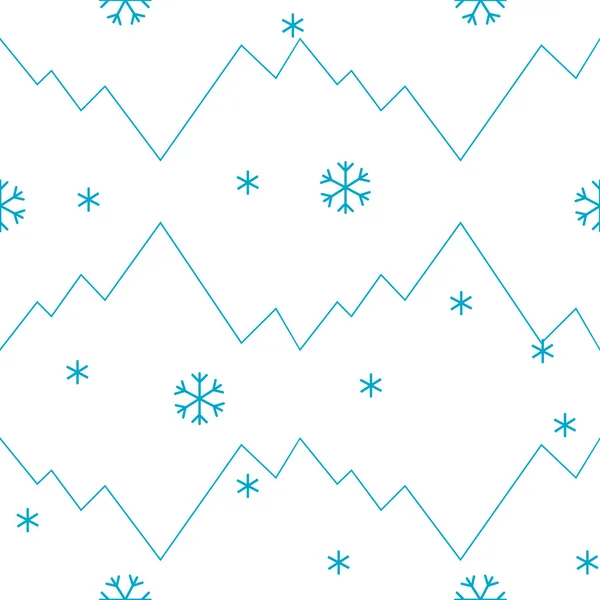 Patrón sin costura vectorial invierno, montañas y copos de nieve — Vector de stock