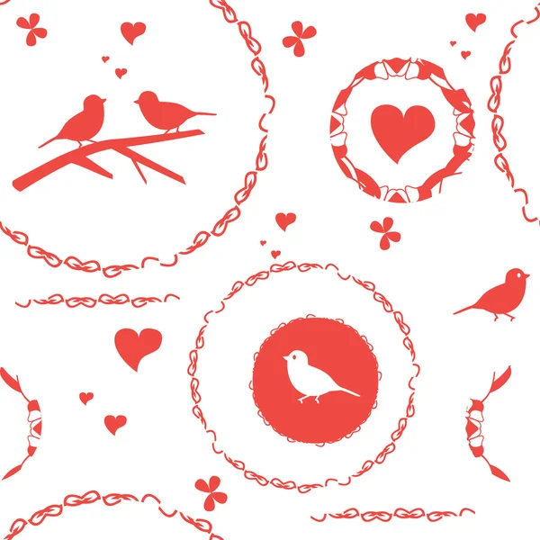 Illustration vectorielle motif sans couture, oiseaux et coeurs — Image vectorielle