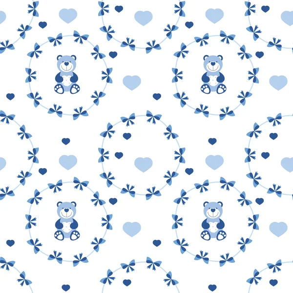 Bebé vector patrón sin costuras con arcos azules, corazones y osos de peluche — Vector de stock