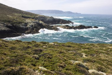 Malpica, İspanya. Punta Nariga, Galiçya 'daki Costa da Morte' de (Ölüm Kıyısı) manzaralı bir buruna sahiptir.