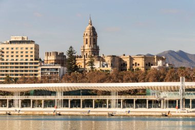Malaga, İspanya. Limandan katedralin manzarası, Palmeral de las Sorpresas ön planda.
