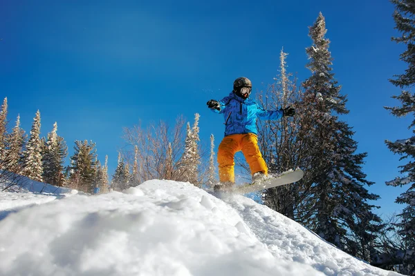 Hoppande snowboardåkare på snowboard — Stockfoto