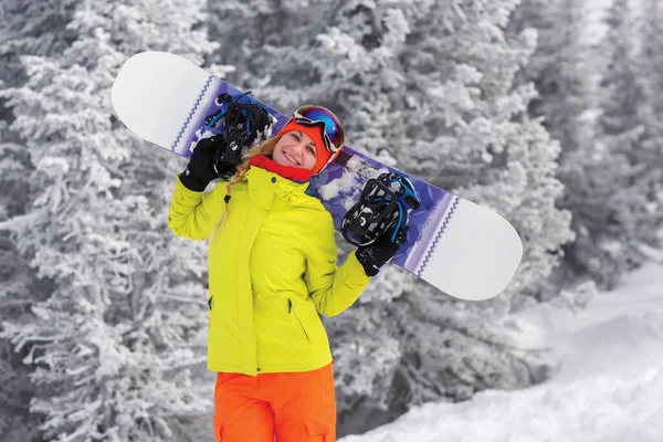 Snowboarder Girl Top Mountain Winte Rforest — Stock Photo, Image