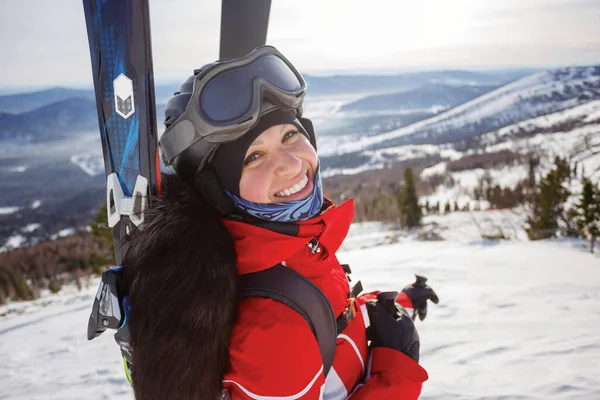 Beautiful Girl Skier Backpack Her Shoulders Doing Backcountry Sheregesh Resort — Stock Photo, Image