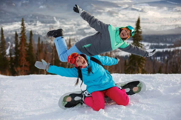 Girls Snowboarders Having Fun Posing Slope Ski Resort Sheregesh Resort — Stock Photo, Image