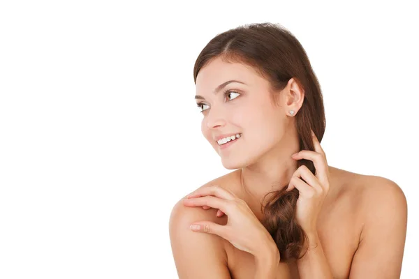 Young Beautiful Girl Bare Shoulders Touches Her Hair Studio Shot — Stock Photo, Image