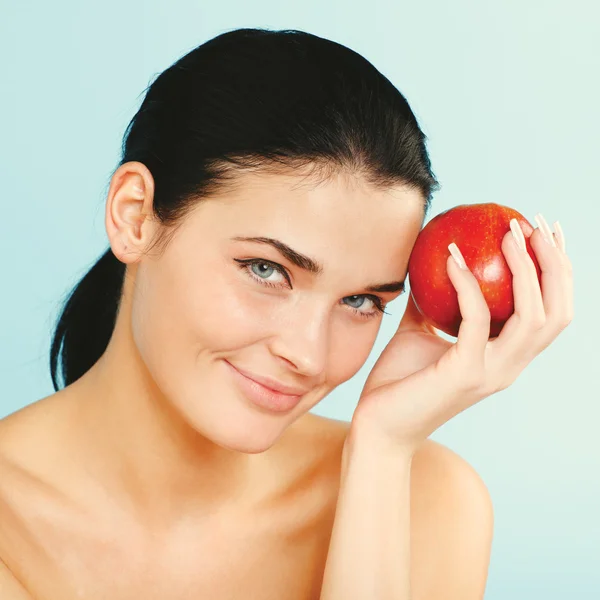 Beauty holding  apple while isolated — Stock Photo, Image
