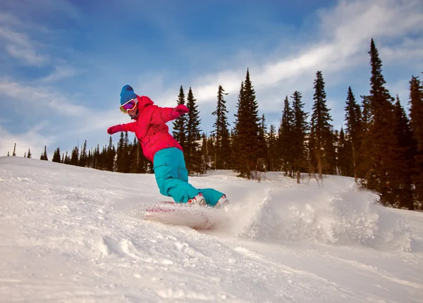 Snowboarder glijdend van de heuvel — Stockfoto