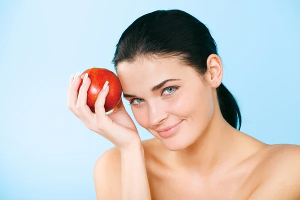 Beauty holding  apple while isolated — Stock Photo, Image