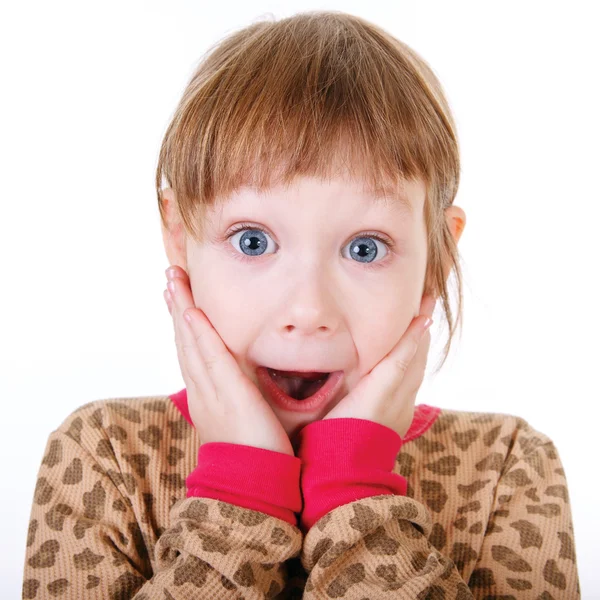 Cute little girl in shirt holding hands to face in surprise — Stock Photo, Image