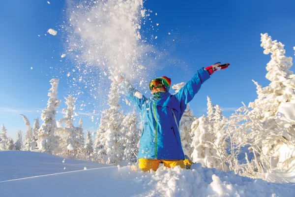 Žena snowboardista baví v lese fantastické zimní — Stock fotografie