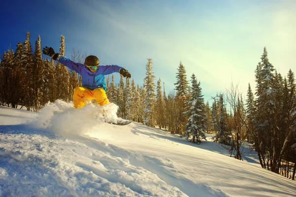 Snowboarder che salta attraverso l'aria con cielo blu profondo sullo sfondo — Foto Stock