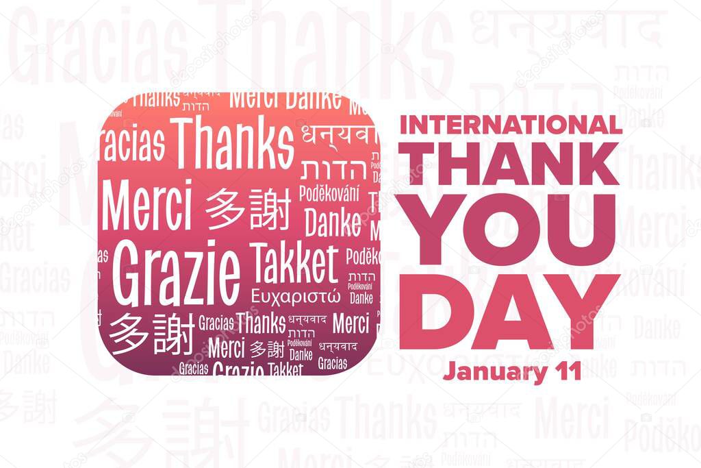 International Thank You Day. January 11. Inscription Thank You in different languages. Holiday concept. Template for background, banner, card with text inscription. Vector EPS10 illustration.