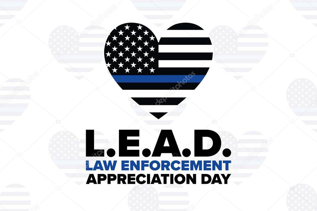 National Law Enforcement Appreciation Day L.E.A.D. January 9. Holiday concept. Template for background, banner, card, poster with text inscription. Vector EPS10 illustration.