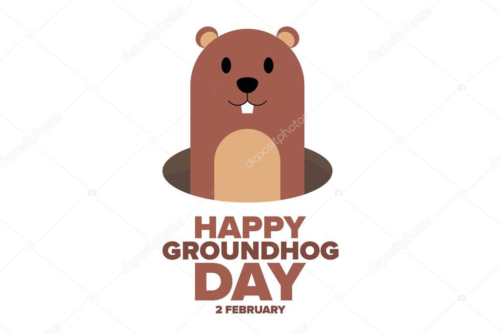 Happy Groundhog Day. 2 February. Holiday concept. Template for background, banner, card, poster with text inscription. Vector EPS10 illustration.