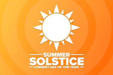 Yaz Gündönümü. Yılın en uzun günü. Tatil konsepti. Arkaplan, afiş, kart, yazılı poster şablonu. Vektör EPS10 illüstrasyonu.