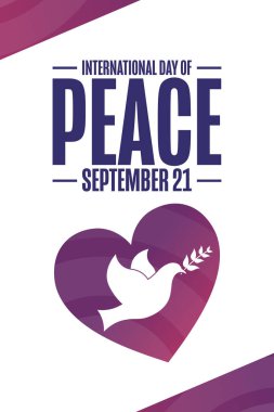 Uluslararası Barış Günü. 21 Eylül. Tatil konsepti. Arkaplan, afiş, kart, yazılı poster şablonu. Vektör EPS10 illüstrasyonu.