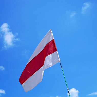 Mavi gökyüzü arka planında bulutlu Belarus ulusal bayrağını dalgalandırmak. Beyaz-kırmızı-beyaz bayrak. Beyaz Rusya 'da cumhurbaşkanlığı seçimlerinden sonra diktatörlüğe karşı yapılan barışçıl protestoların bir sembolü..