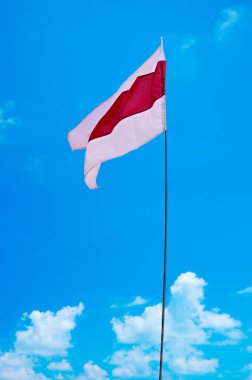 Mavi gökyüzü arka planında bulutlu Belarus ulusal bayrağını dalgalandırmak. Beyaz-kırmızı-beyaz bayrak. Beyaz Rusya 'da cumhurbaşkanlığı seçimlerinden sonra diktatörlüğe karşı yapılan barışçıl protestoların bir sembolü..