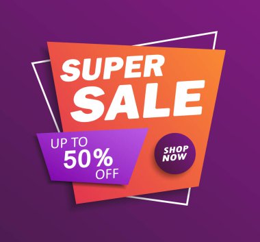 Süper indirimli pankart tasarımı. Çevrimiçi alışveriş, ürün, promosyon, web sitesi ve broşür düzeni. % 50 'ye kadar indirimli. Vektör şablonu