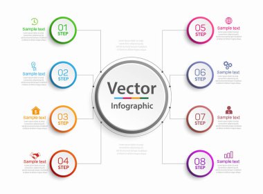 Simgeli ve 8 basamaklı vektör bilgi tasarımı. İş kavramı için bilgi grafikleri. Sunumlar için kullanılabilir pankart, iş akışı düzeni, işlem diyagramı, akış şeması 