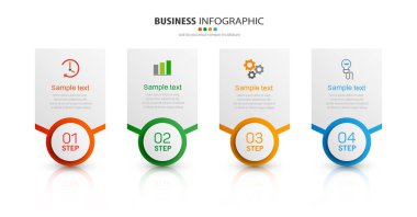 Simgeli ve 4 seçenek veya basamaklı vektör ticari bilgi tasarım şablonu. Sunumlar için kullanılabilir pankart, iş akışı düzeni, işlem diyagramı, akış şeması, bilgi grafiği