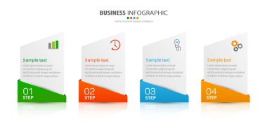 Simgeli vektör bilgi şablonu ve 4 seçenek veya adım. İş için bilgi grafikleri kavramı. Sunumlar için kullanılabilir pankart, iş akışı düzeni, işlem diyagramı, akış şeması, bilgi grafiği