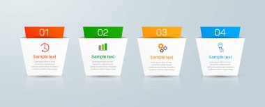 Simge ve 4 seçenek ya da adımlı ticari bilgi şablonu. Çalışma akışı düzeni, diyagram, yıllık rapor, web tasarımı, adımlar veya süreçler için zaman çizelgesi bilgi tasarım vektörü kullanılabilir