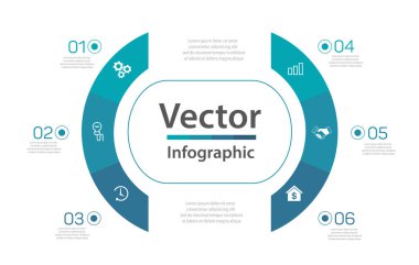 6 adımlı iş bilgisi vektör tasarım şablonu. İçerik, diyagram, akış şeması, adımlar, parçalar, zaman çizelgesi bilgi grafikleri, iş akışı düzeni, grafik