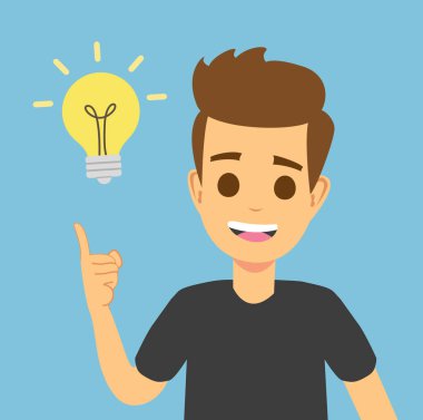 Zeki genç adamın bir iş fikri var. Vektör düz tasarım çizimi