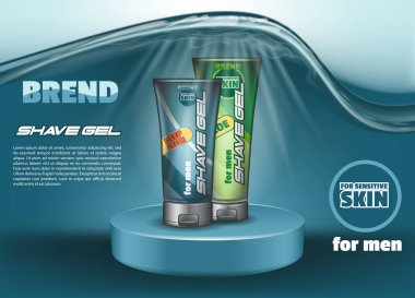 Hassas cilt reklamları için tıraş jeli paketliyorum. 3d vektör gerçekçi illüstrasyon