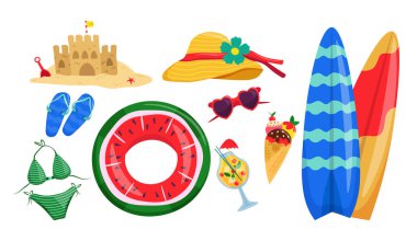 Bir dizi yaz elementi. Kumdan kale, yaz terlikleri, bardaklar, kokteyl, can simidi, mayo, dondurma, şapka, sörf tahtası. Vektör illüstrasyonu
