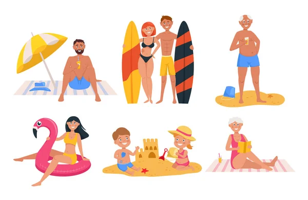 Les Gens Détendent Sur Plage Vacances Été Mer Plage Personnages — Image vectorielle