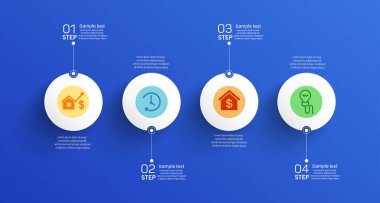 4 seçenekli bilgi şablonu, iş akışı, işlem şeması. İş akışı düzeni, diyagram, yıllık rapor, web tasarımı, adımlar veya süreçler için kullanılabilir 